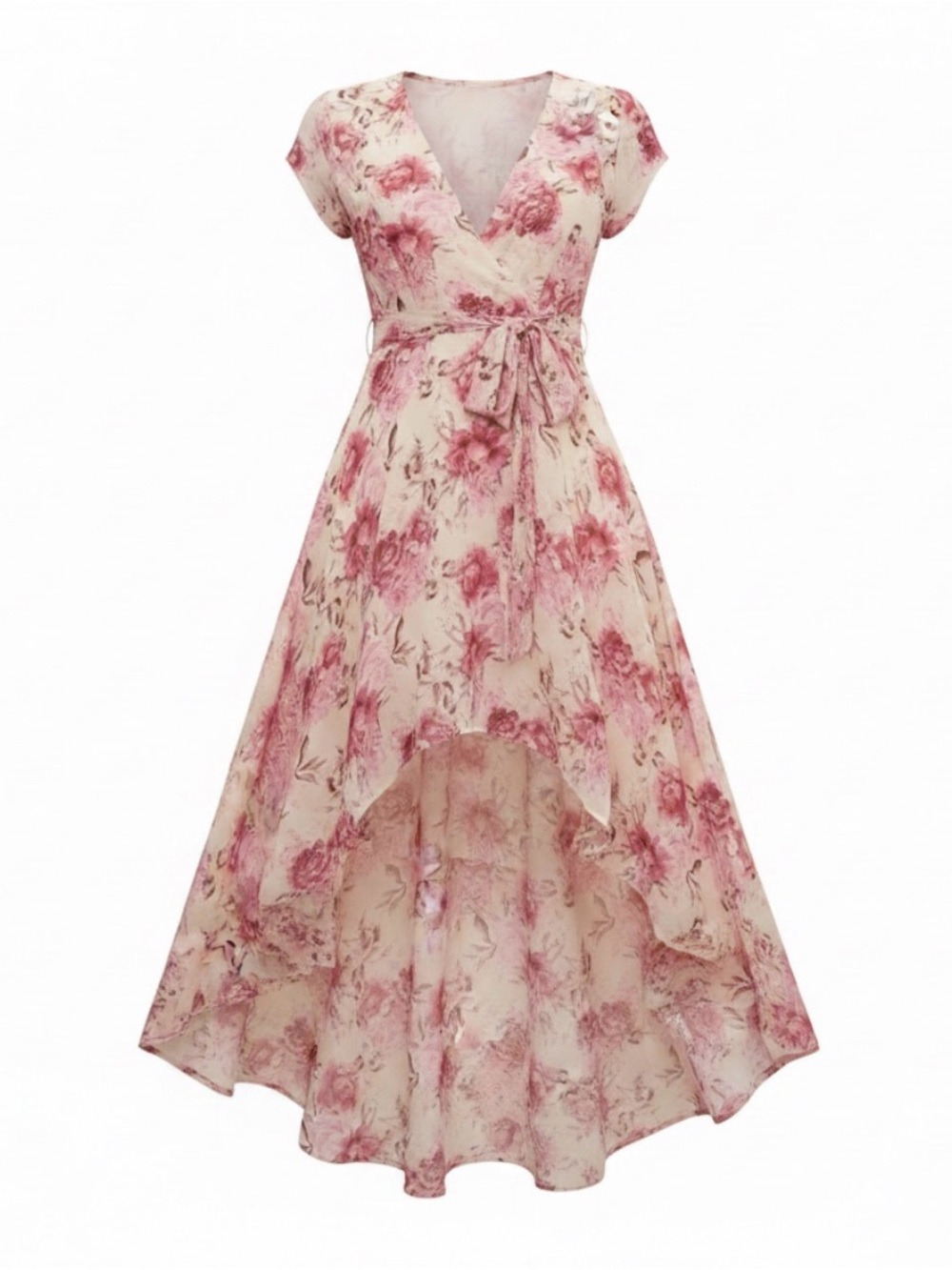 High-Low Deep V-neck Floral Maxi Dress with Belt and Short Sleeves in Soft Pink